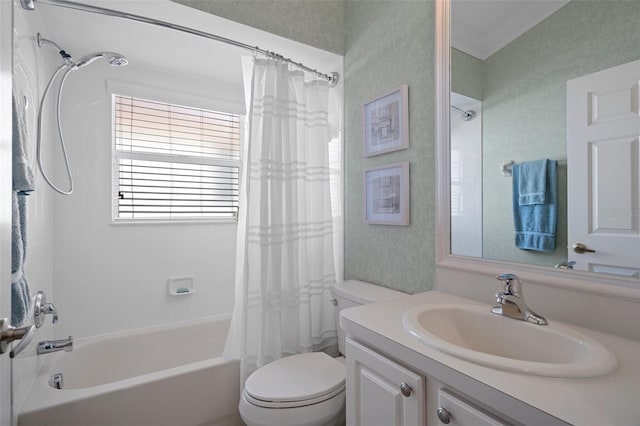 full bathroom with shower / bathtub combination with curtain, vanity, crown molding, toilet, and wallpapered walls