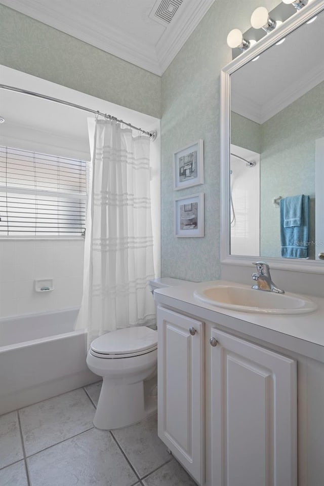bathroom with toilet, vanity, tile patterned flooring, visible vents, and ornamental molding