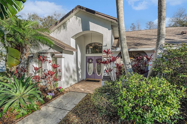 doorway to property featuring a shingled roof and stucco siding