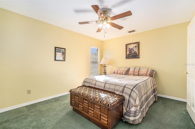 bedroom featuring dark colored carpet, a ceiling fan, visible vents, and baseboards