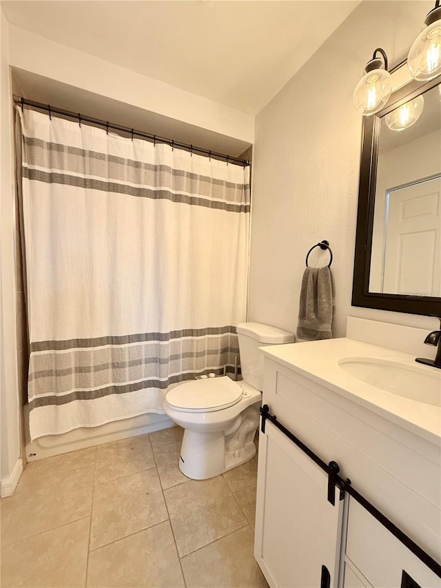 full bath featuring toilet, shower / tub combo, tile patterned flooring, and vanity