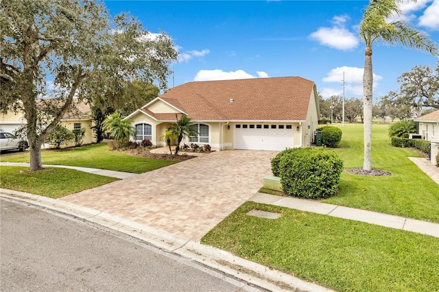 view of front of home with an attached garage, stucco siding, decorative driveway, and a front yard