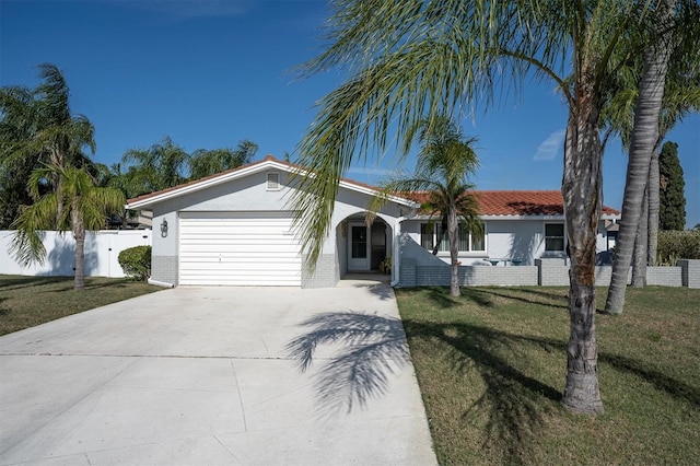 single story home with a garage, fence, a front lawn, and concrete driveway