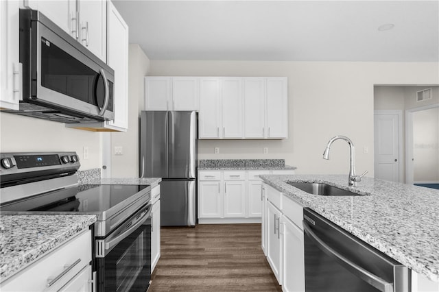 kitchen featuring a sink, visible vents, white cabinetry, appliances with stainless steel finishes, and light stone countertops