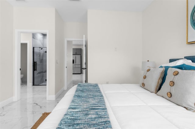 bedroom featuring marble finish floor, stainless steel refrigerator with ice dispenser, and baseboards