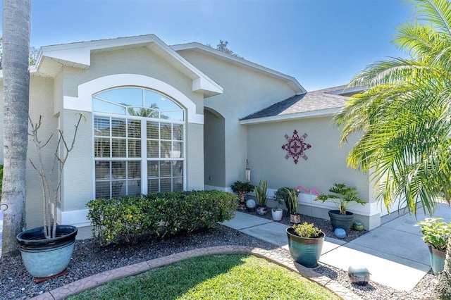 property entrance with roof with shingles and stucco siding