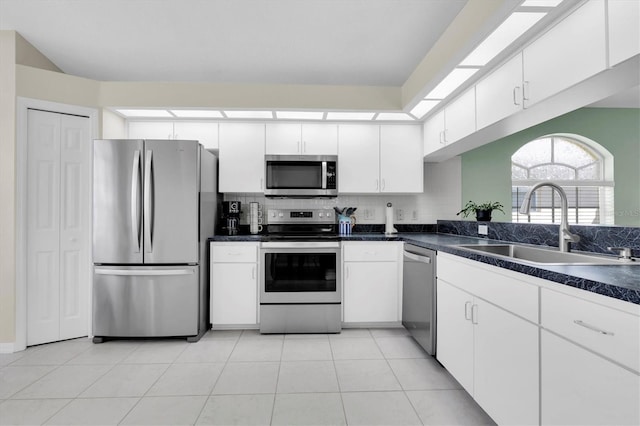 kitchen featuring stainless steel appliances, dark countertops, white cabinetry, and a sink