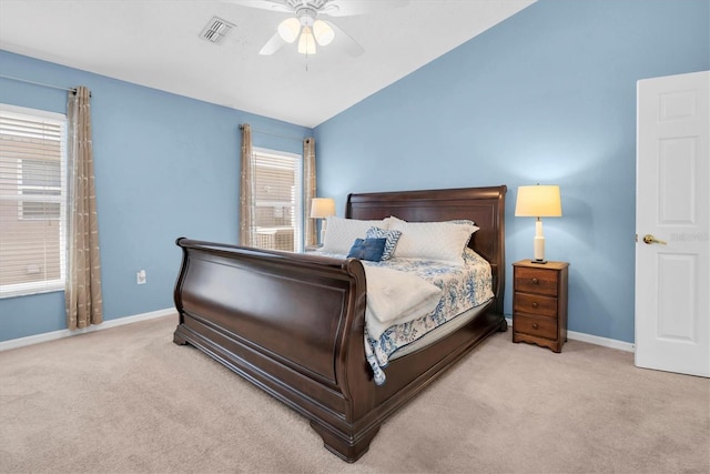 bedroom featuring lofted ceiling, carpet floors, a ceiling fan, visible vents, and baseboards