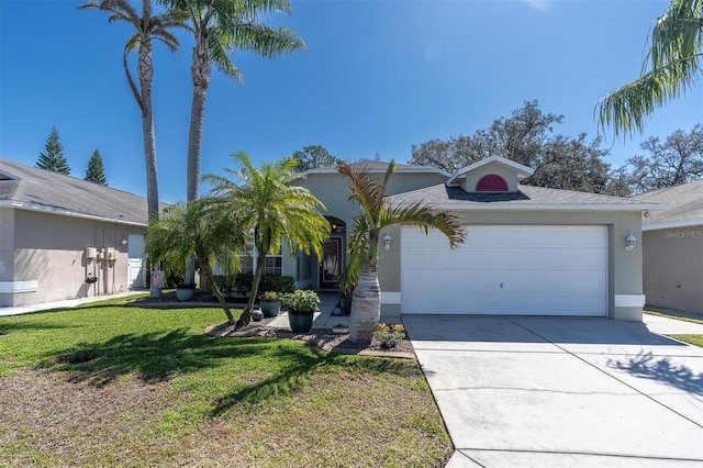 view of front of home with a garage, driveway, a front lawn, and stucco siding