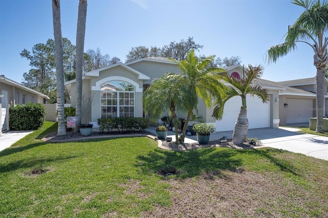 view of front of home with driveway, a garage, central AC unit, a front yard, and stucco siding