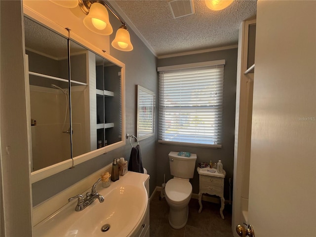 6228 Lonnie Lee Ln, Hudson, FL 34667 - bathroom featuring a textured ceiling, crown molding, toilet, and vanity