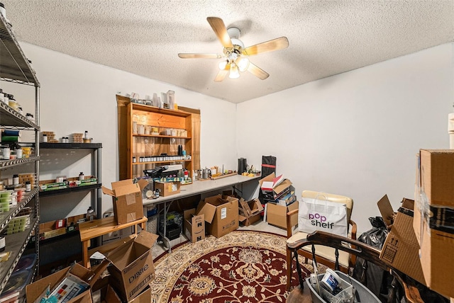 office space featuring a textured ceiling and a ceiling fan