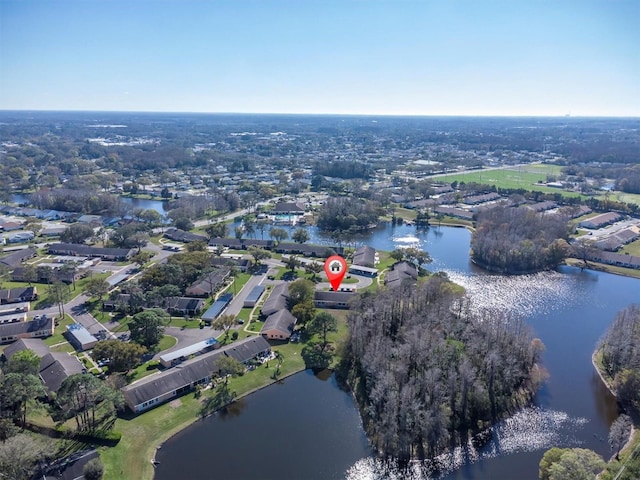 birds eye view of property featuring a residential view and a water view