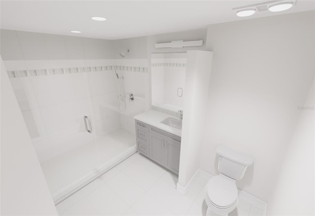 bathroom featuring toilet, tile patterned floors, vanity, a shower stall, and recessed lighting