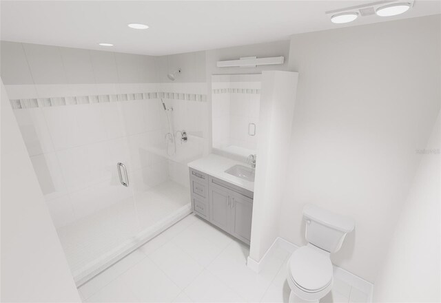 full bath with tile patterned flooring, toilet, recessed lighting, vanity, and a stall shower