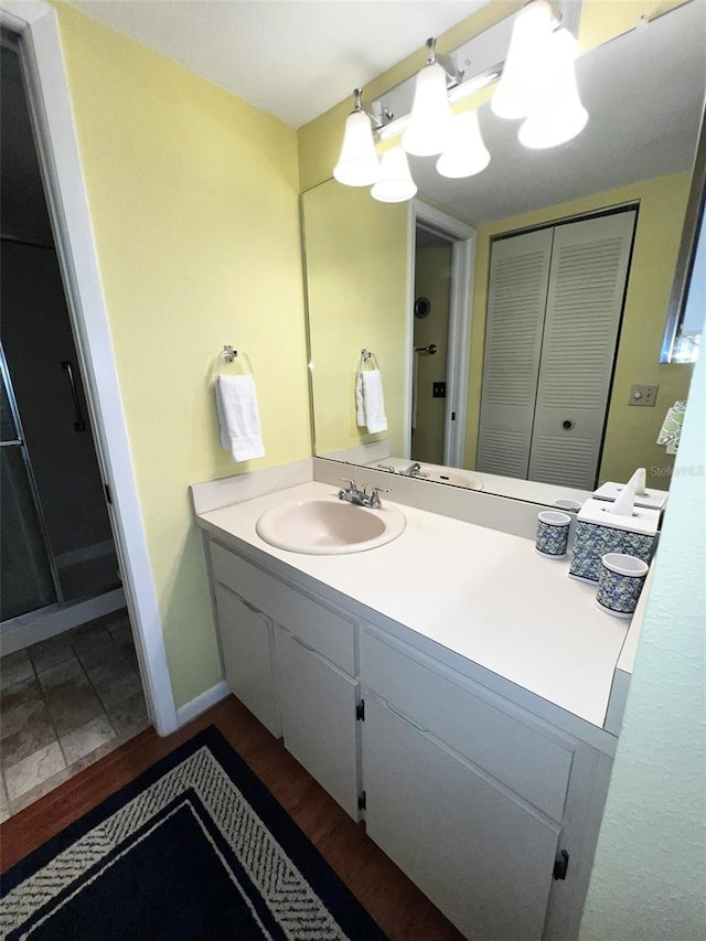 bathroom with a closet, vanity, baseboards, and wood finished floors