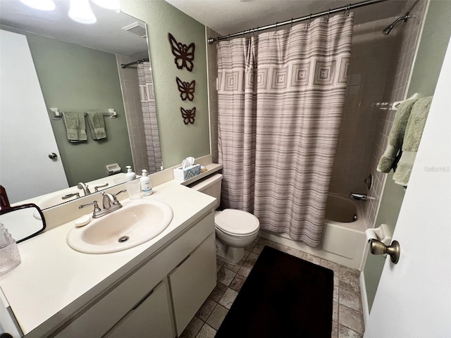 full bath featuring toilet, visible vents, vanity, and shower / bathtub combination with curtain