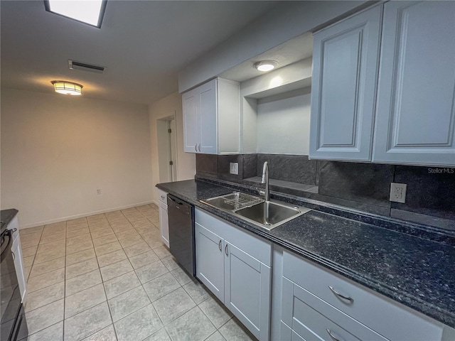 kitchen with black dishwasher, tasteful backsplash, visible vents, white cabinets, and a sink