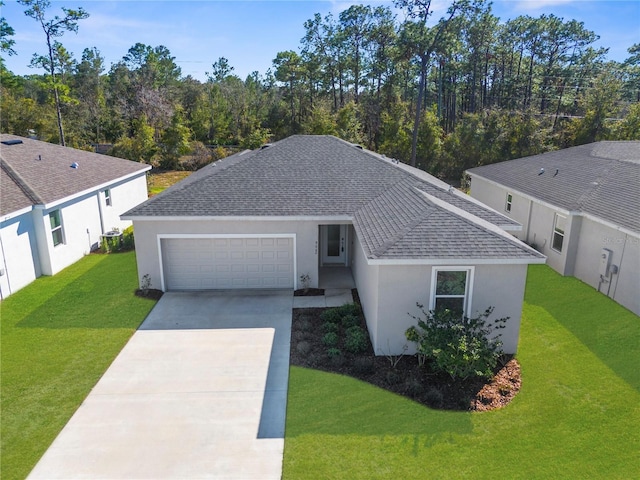 single story home with an attached garage, driveway, roof with shingles, stucco siding, and a front lawn