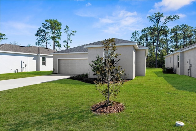 view of front facade featuring a garage, concrete driveway, a front yard, and stucco siding