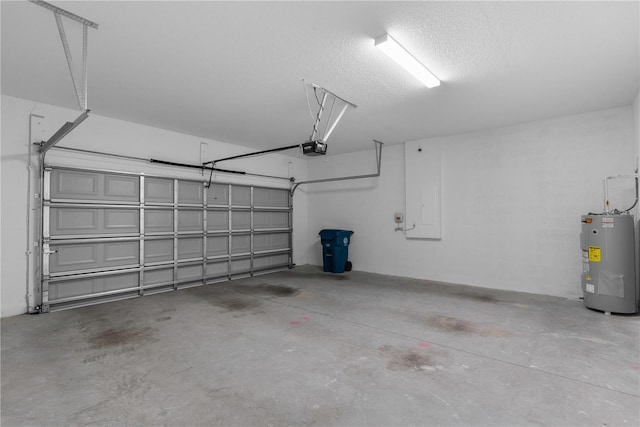 garage featuring electric panel, a garage door opener, and electric water heater