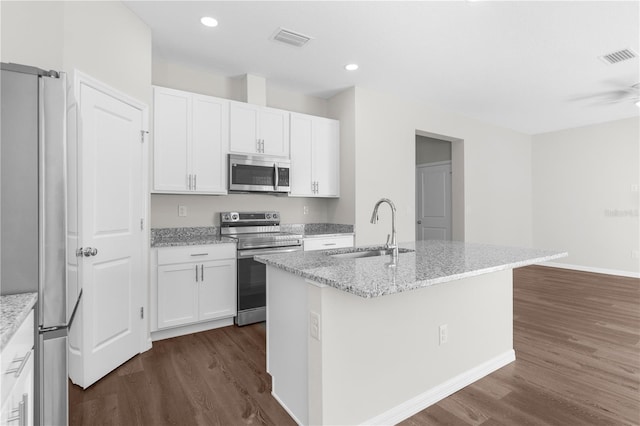 kitchen featuring a kitchen island with sink, stainless steel appliances, a sink, visible vents, and white cabinets