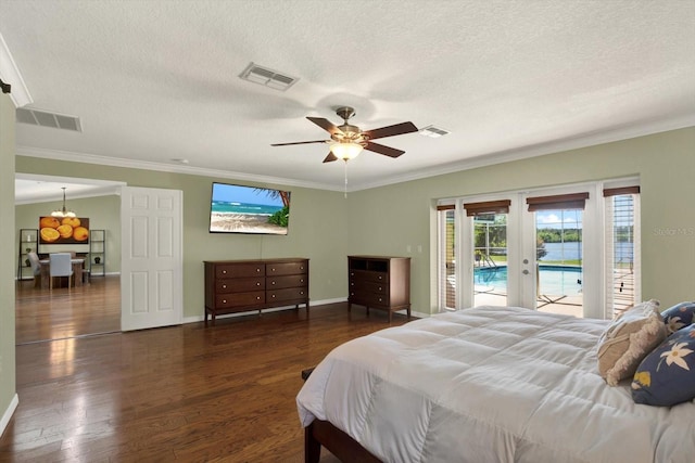 bedroom with access to outside, wood finished floors, and visible vents