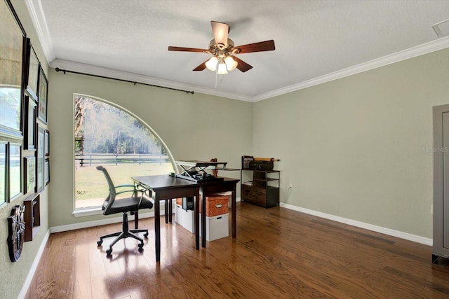 home office with wood finished floors, baseboards, and ornamental molding