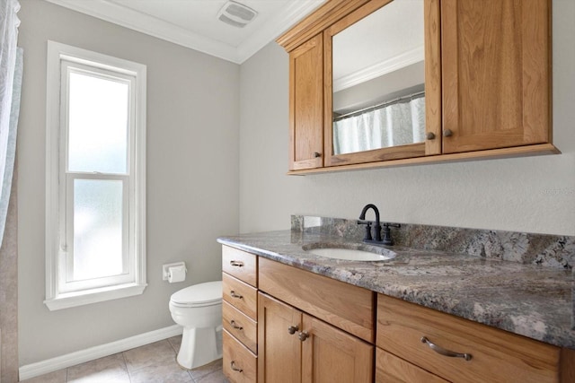 bathroom with tile patterned flooring, visible vents, crown molding, toilet, and vanity