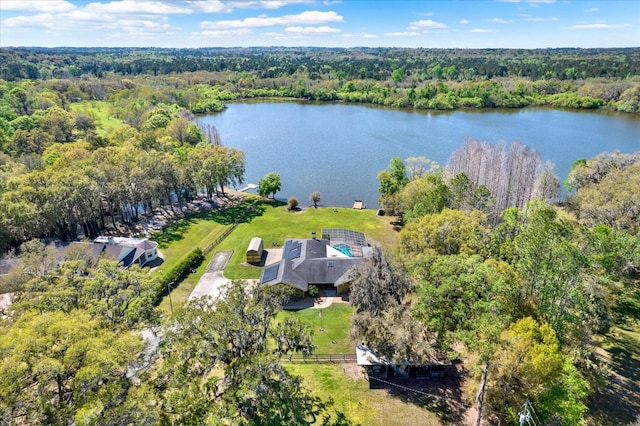 birds eye view of property with a forest view and a water view