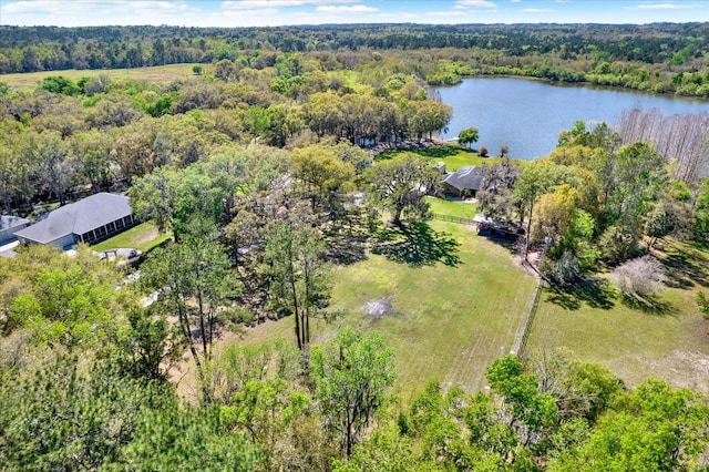 birds eye view of property featuring a wooded view and a water view