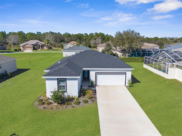 ranch-style home featuring a garage, concrete driveway, glass enclosure, a residential view, and a front yard