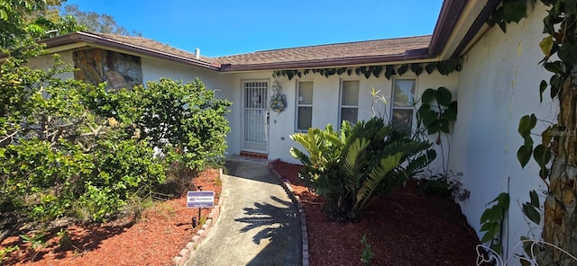 doorway to property with stucco siding and roof with shingles