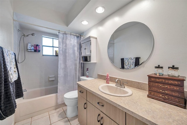 bathroom featuring recessed lighting, toilet, shower / bath combo, vanity, and tile patterned floors