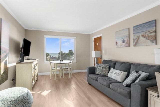 living room featuring light wood-style floors, baseboards, and crown molding