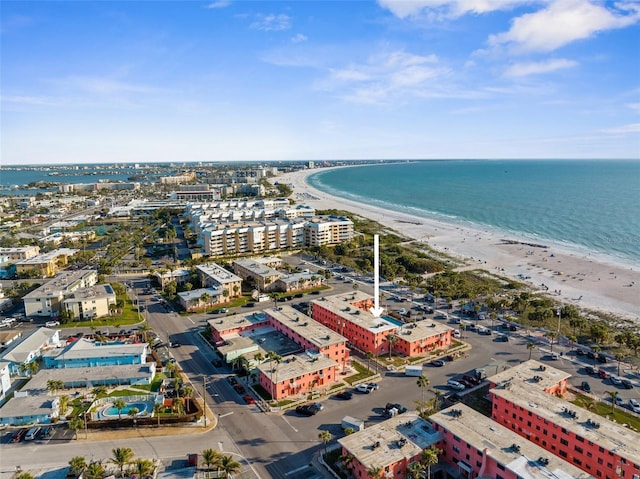 aerial view with a water view, a city view, and a view of the beach