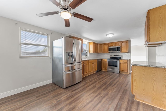 kitchen featuring appliances with stainless steel finishes, dark wood-style flooring, and a healthy amount of sunlight