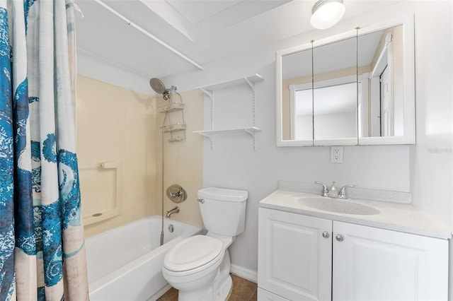 bathroom with vanity, toilet, and shower / bath combo with shower curtain