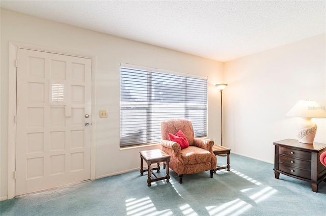 living area featuring a textured ceiling, carpet flooring, and baseboards