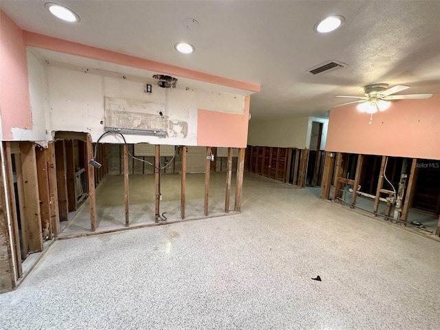 miscellaneous room with ceiling fan, speckled floor, visible vents, and recessed lighting