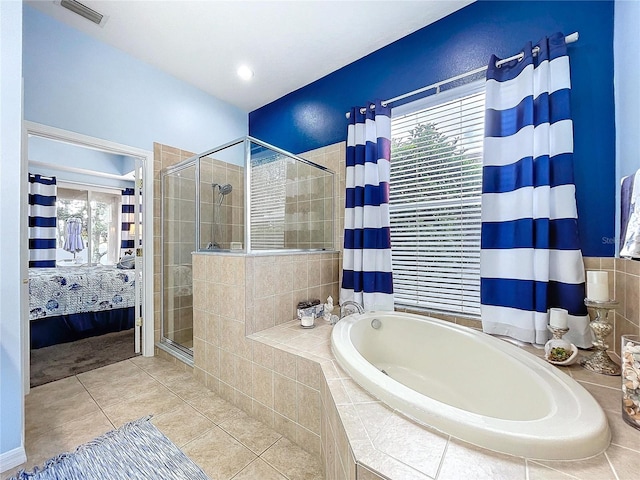 ensuite bathroom with ensuite bathroom, a garden tub, tile patterned flooring, visible vents, and a shower stall