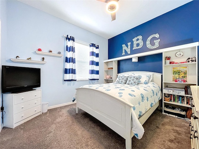 bedroom featuring carpet flooring, a ceiling fan, and baseboards