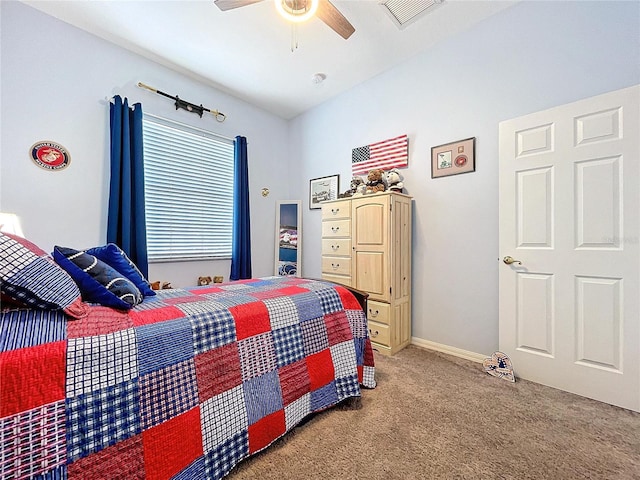 bedroom with a ceiling fan, carpet, visible vents, and baseboards