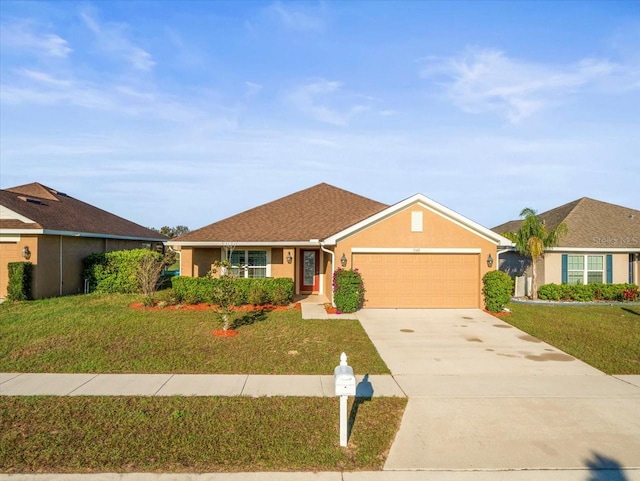 single story home featuring a garage, driveway, a front yard, and stucco siding