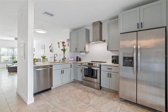 6027 Bayside Key Dr, Tampa, FL 33615 - kitchen featuring wall chimney exhaust hood, appliances with stainless steel finishes, gray cabinets, and a sink