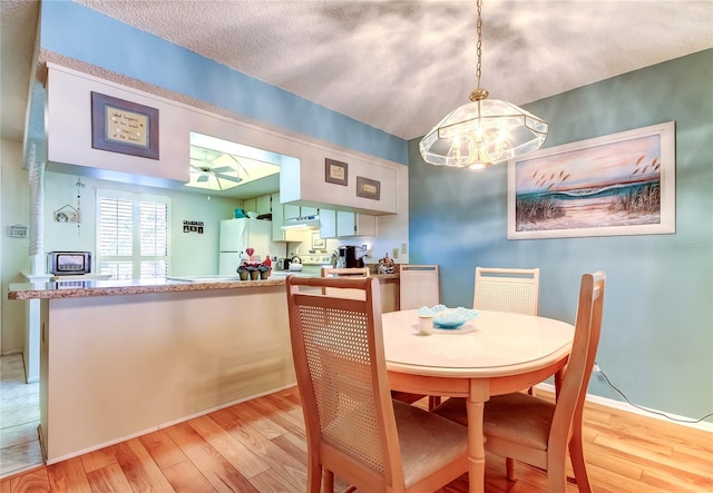 dining area featuring light wood finished floors and ceiling fan