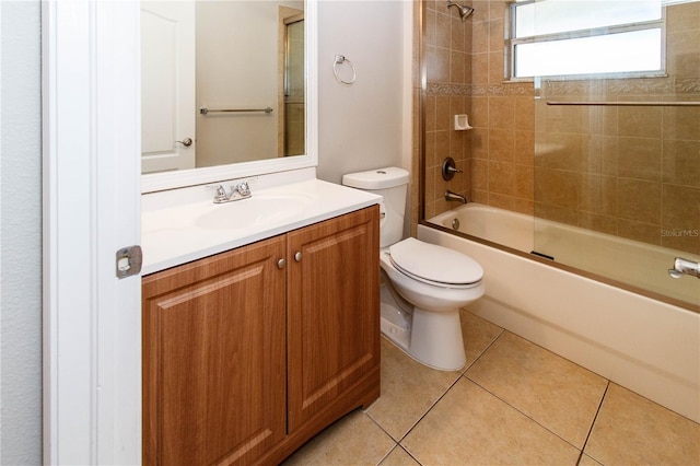 full bathroom with enclosed tub / shower combo, vanity, toilet, and tile patterned floors