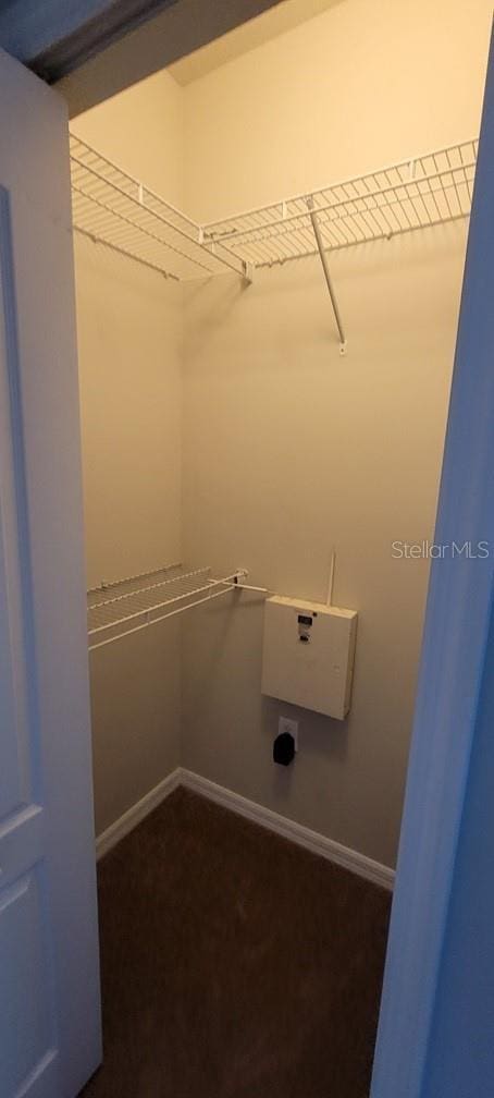 clothes washing area featuring carpet, hookup for an electric dryer, and baseboards