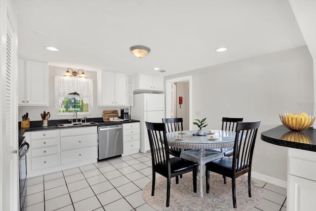 kitchen featuring a sink, white cabinets, stainless steel dishwasher, range, and dark countertops