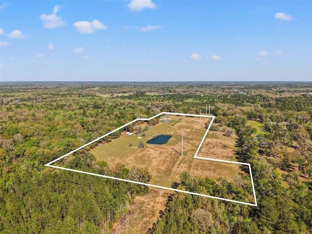 birds eye view of property featuring a forest view